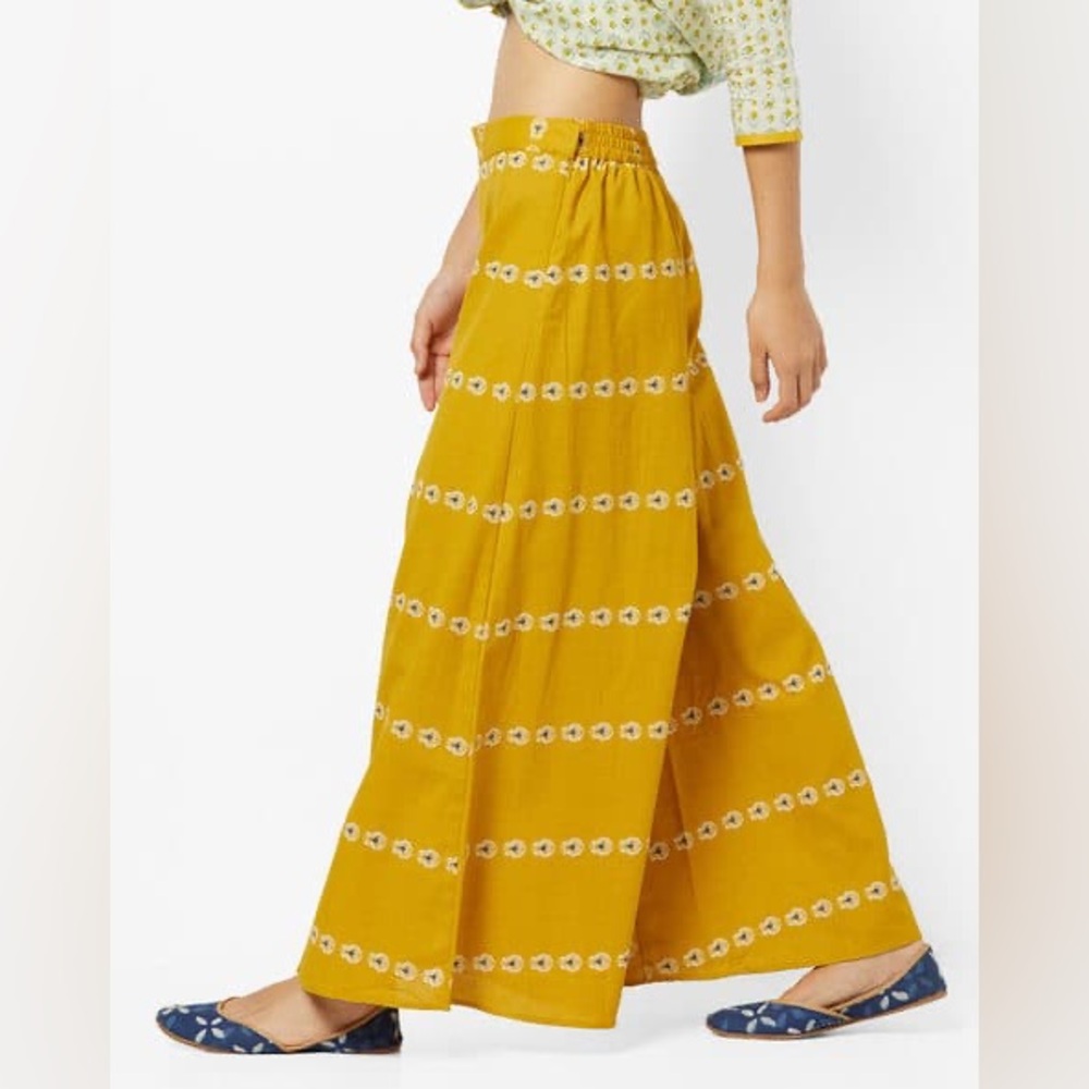 W for Women Gold Pleated cotton palazzo pant Resort Wear